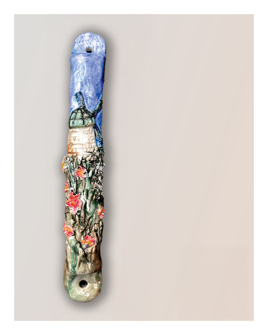“Windmill of Jerusalem” Handmade Porcelain Mezuzah
